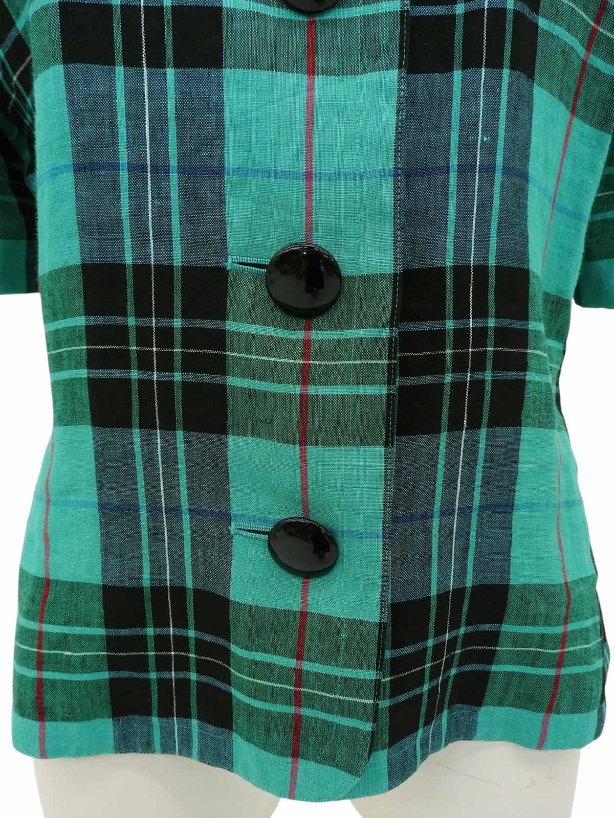 Linen Check Pattern Short Sleeve Jacket in Green/Black/Multi