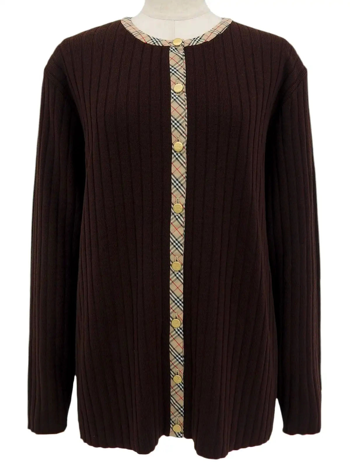 Logo Button Rib Knit Cardigan in Dark Brown/Beige