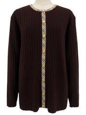 Logo Button Rib Knit Cardigan in Dark Brown/Beige