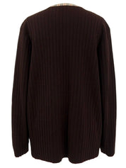 Logo Button Rib Knit Cardigan in Dark Brown/Beige