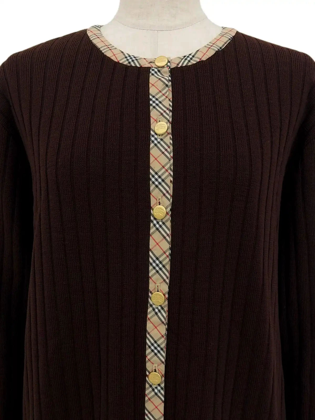 Logo Button Rib Knit Cardigan in Dark Brown/Beige