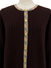 Logo Button Rib Knit Cardigan in Dark Brown/Beige