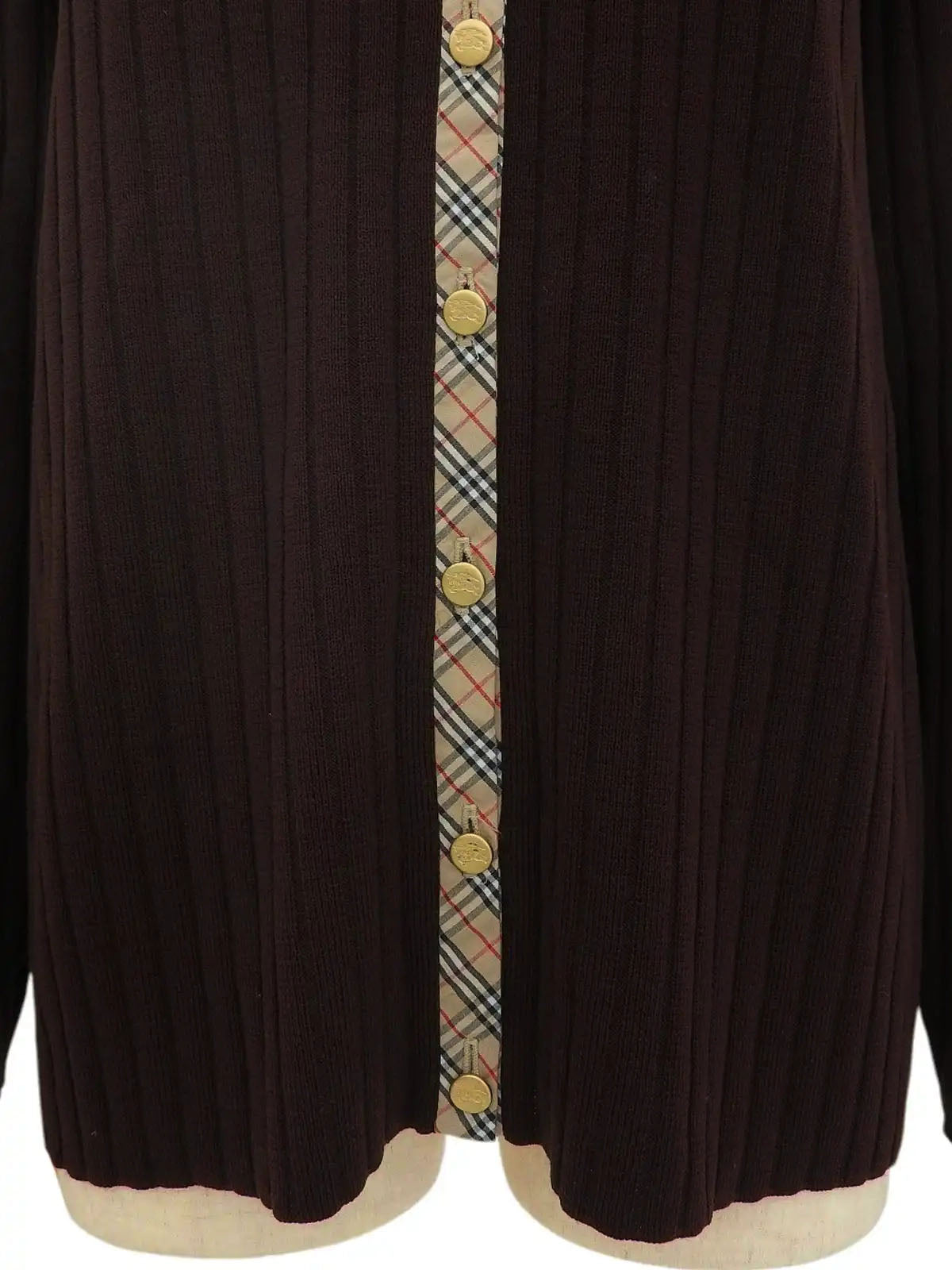 Logo Button Rib Knit Cardigan in Dark Brown/Beige