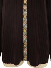 Logo Button Rib Knit Cardigan in Dark Brown/Beige