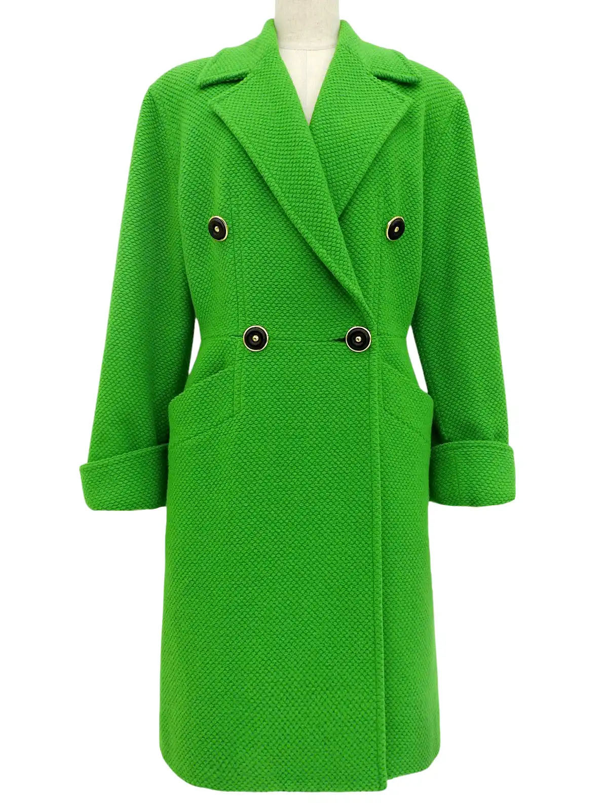 ウールデザインボタンロングコート グリーン