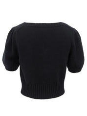 ロゴ刺繍半袖クロップドカーディガン ブラック