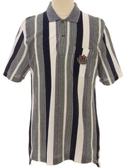 ロゴ刺繍ストライプパターンポロシャツ ネイビー/ホワイト