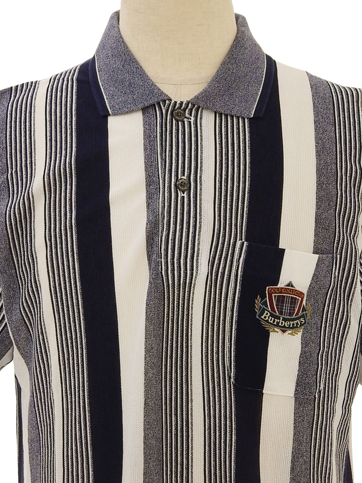 ロゴ刺繍ストライプパターンポロシャツ ネイビー/ホワイト