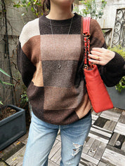 Wool crew neck sweater in dark brown/multi