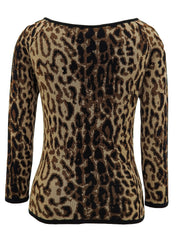 Leopard Print Knit Top #S Brown