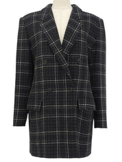 Check pattern double-breasted jacket in charcoal gray, white, and black