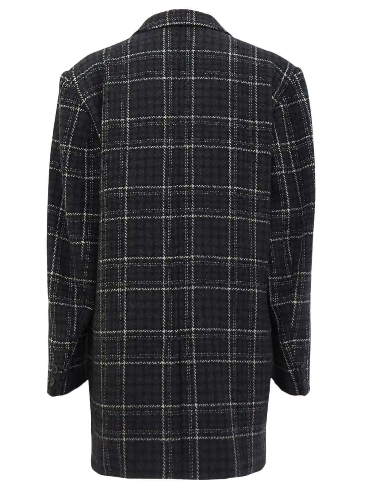 Check pattern double-breasted jacket in charcoal gray, white, and black