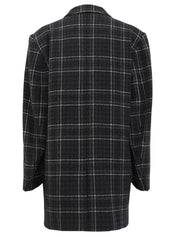 Check pattern double-breasted jacket in charcoal gray, white, and black