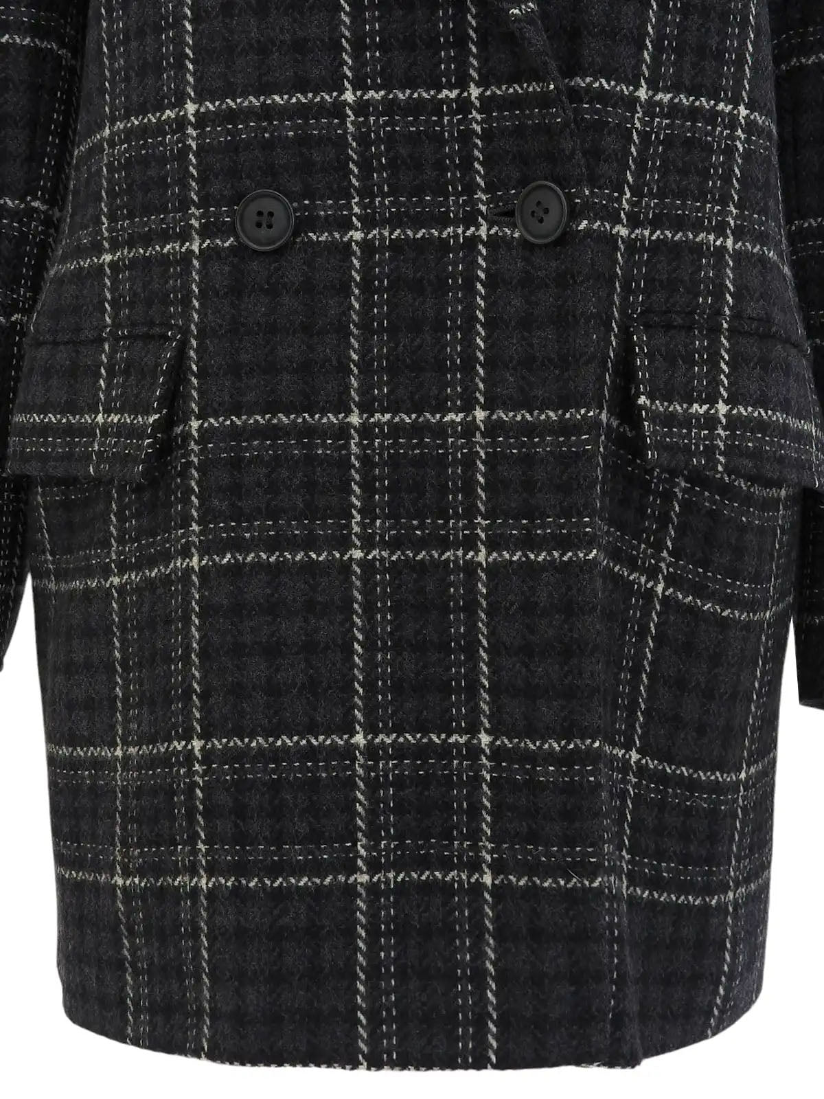 Check pattern double-breasted jacket in charcoal gray, white, and black