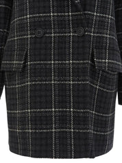 Check pattern double-breasted jacket in charcoal gray, white, and black