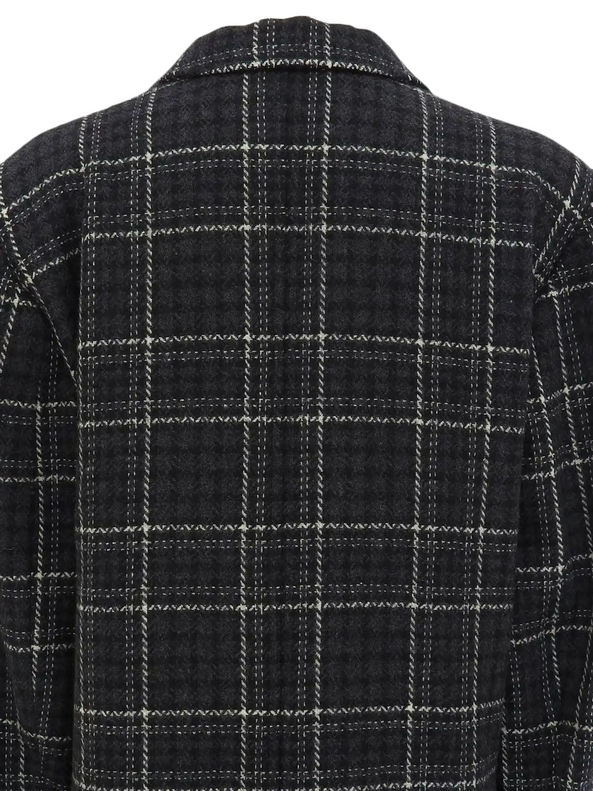 Check pattern double-breasted jacket in charcoal gray, white, and black