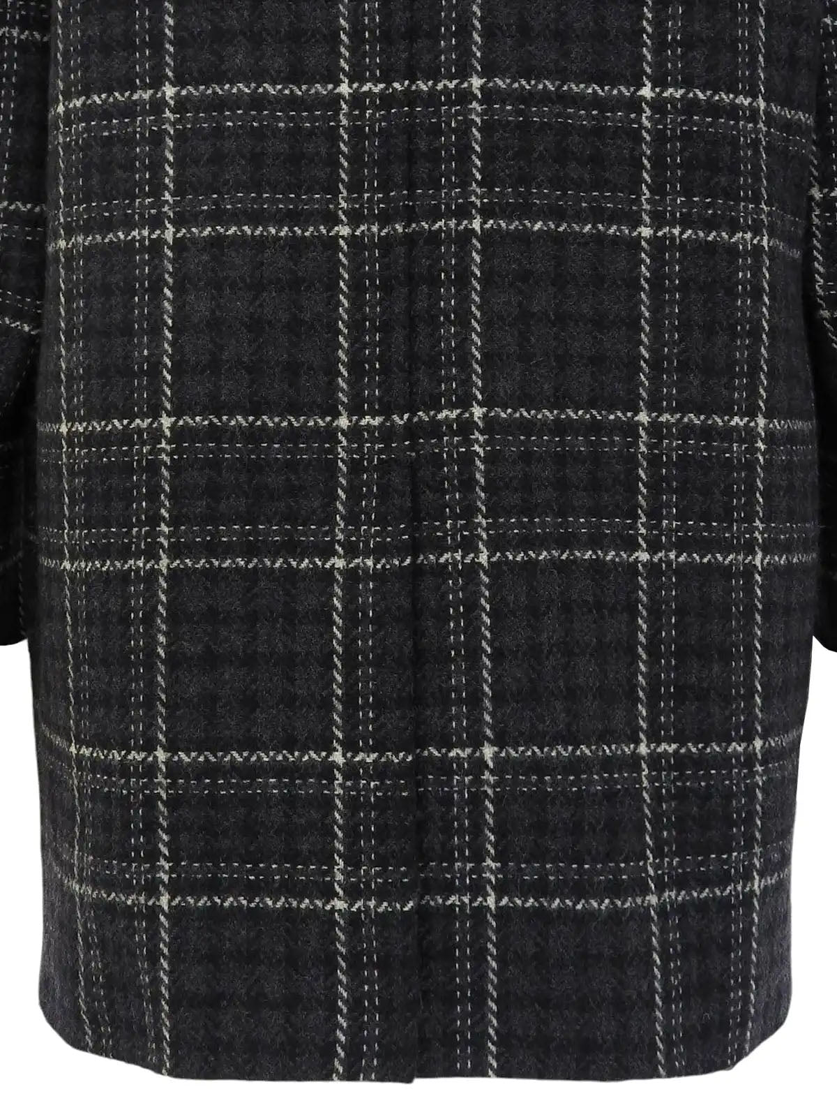 Check pattern double-breasted jacket in charcoal gray, white, and black