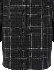 Check pattern double-breasted jacket in charcoal gray, white, and black