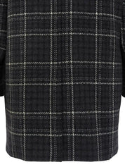Check pattern double-breasted jacket in charcoal gray, white, and black