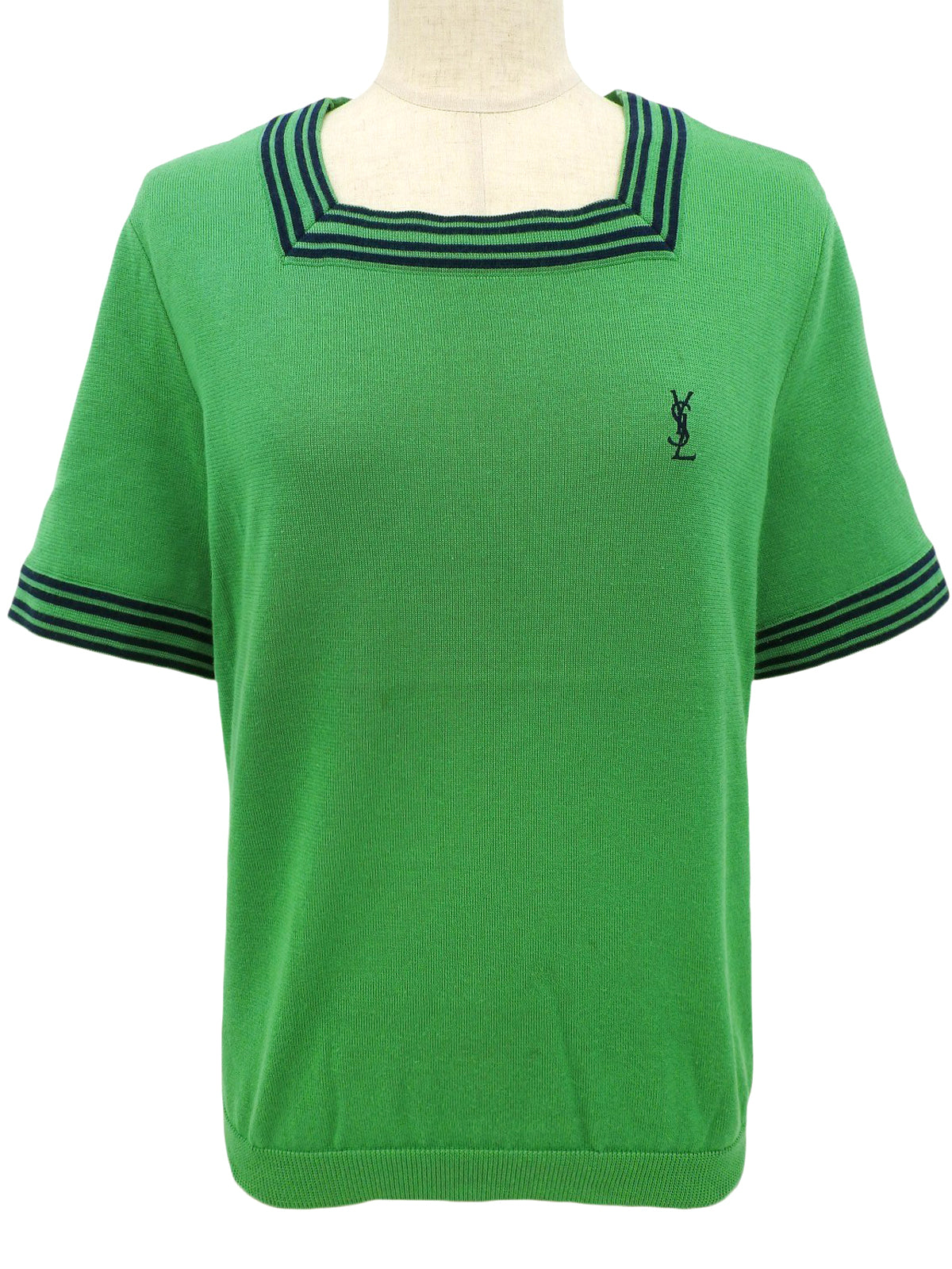 ロゴ刺繍ニットハーフスリーブトップス　グリーン/ネイビー