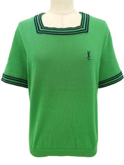 ロゴ刺繍ニットハーフスリーブトップス　グリーン/ネイビー