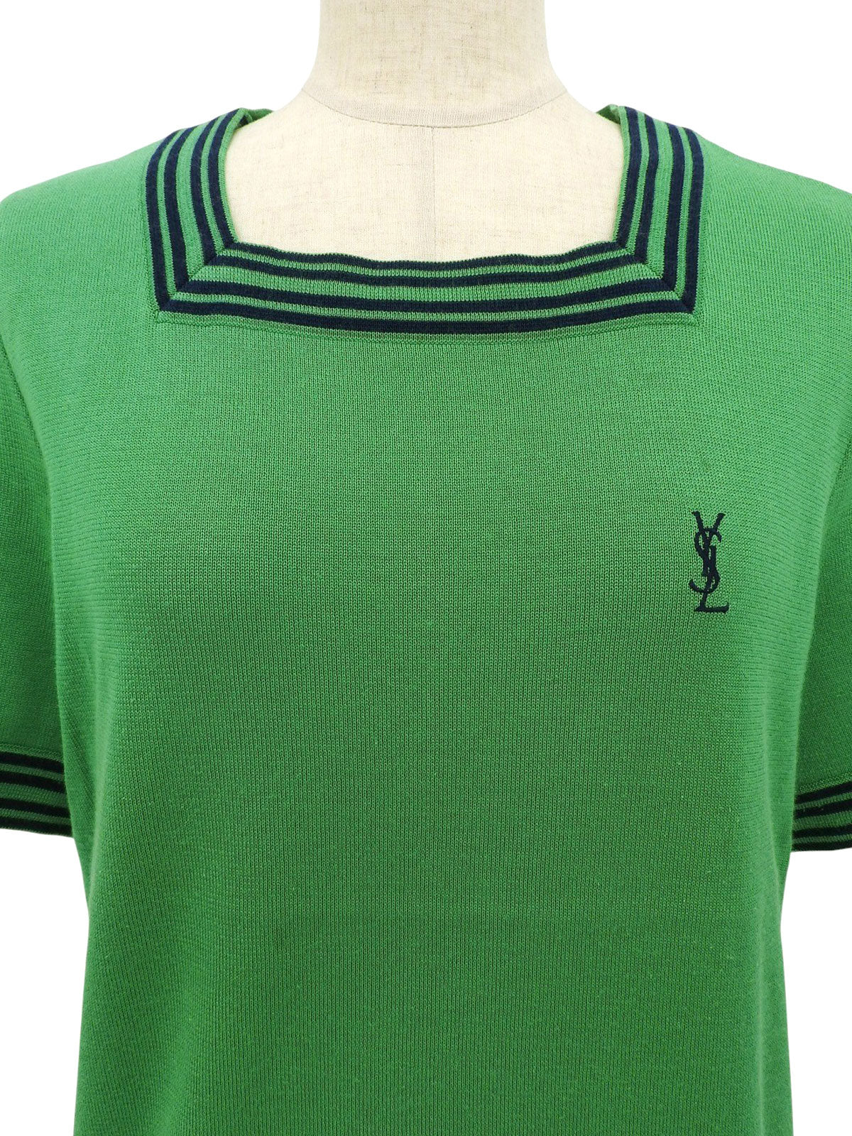 ロゴ刺繍ニット半袖トップス グリーン/ネイビー