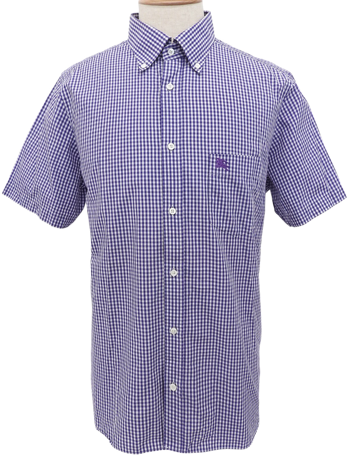 Purple check pattern logo embroidered half sleeve shirt
