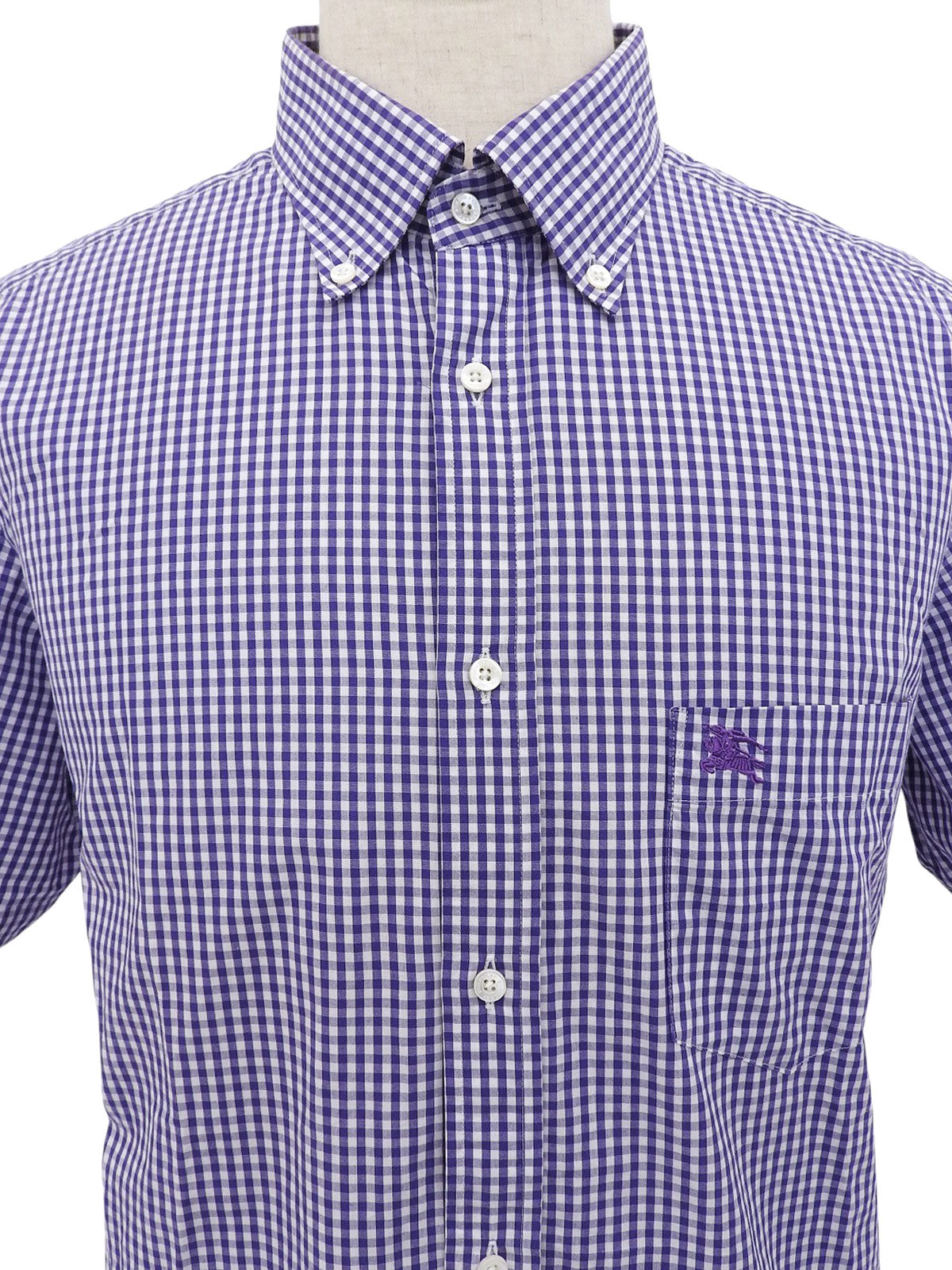 Purple check pattern logo embroidered half sleeve shirt