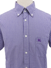 Purple check pattern logo embroidered half sleeve shirt