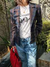 Wool Check Pattern Logo Button Jacket in Brown/Blue