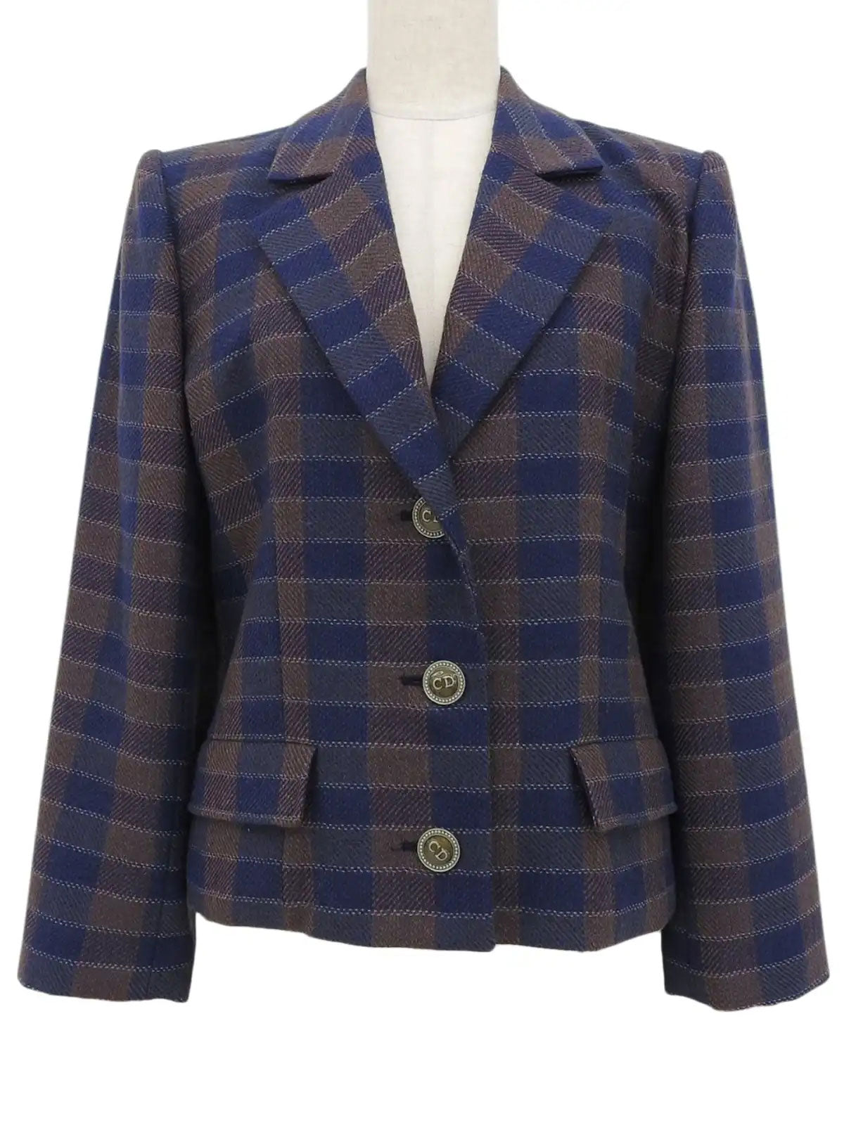 Wool Check Pattern Logo Button Jacket in Brown/Blue