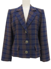 Wool Check Pattern Logo Button Jacket in Brown/Blue