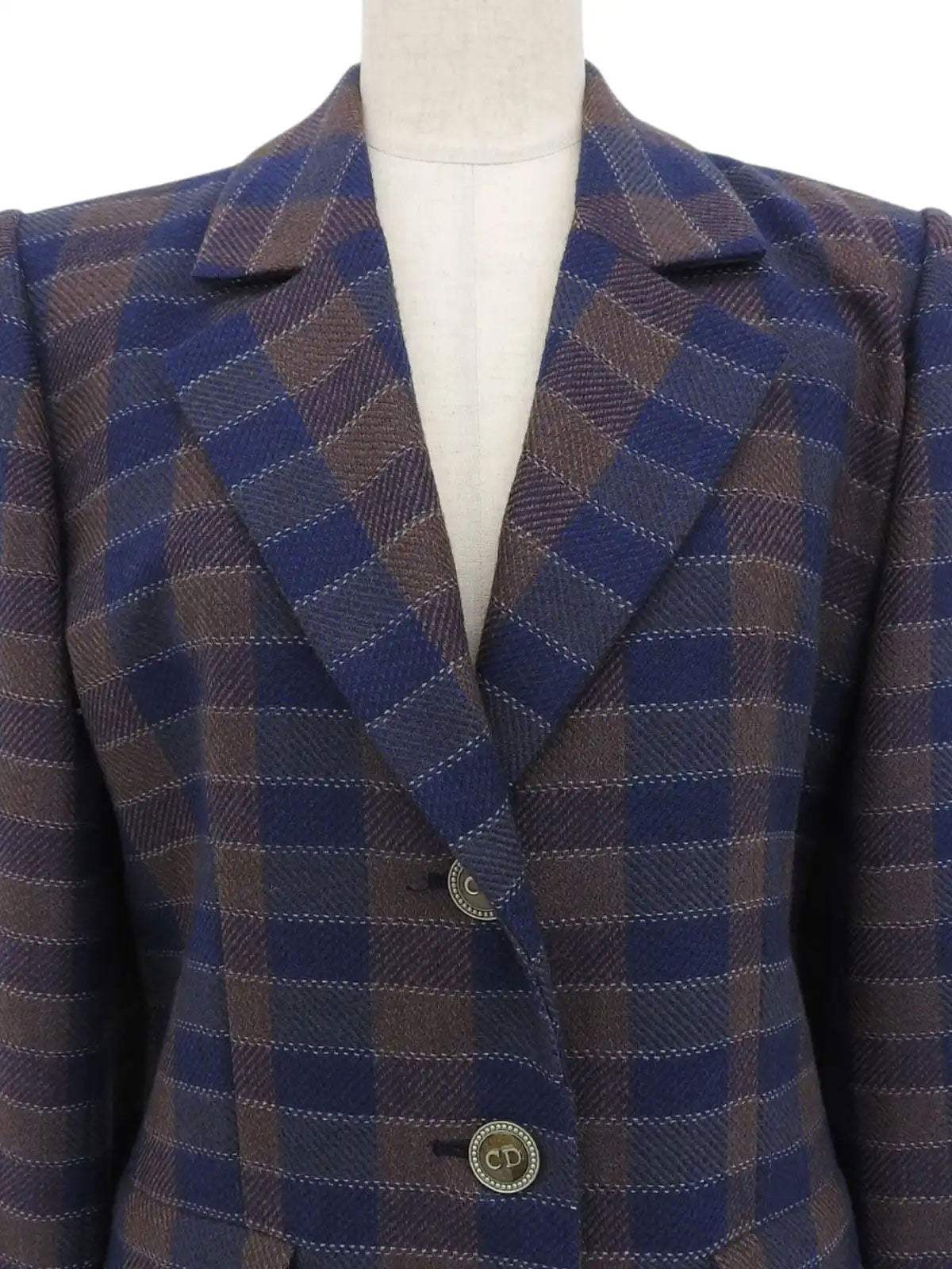 Wool Check Pattern Logo Button Jacket in Brown/Blue