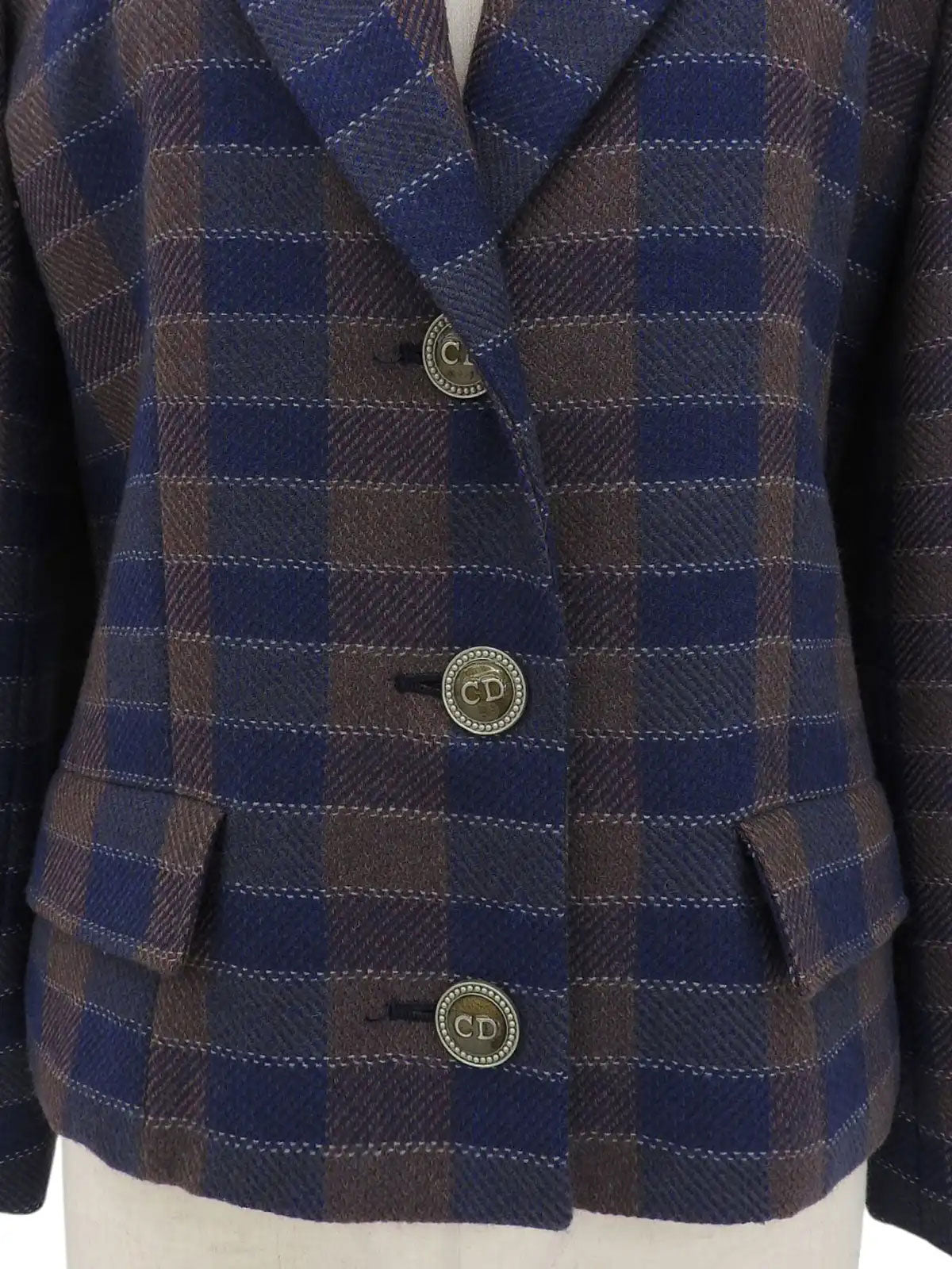 Wool Check Pattern Logo Button Jacket in Brown/Blue