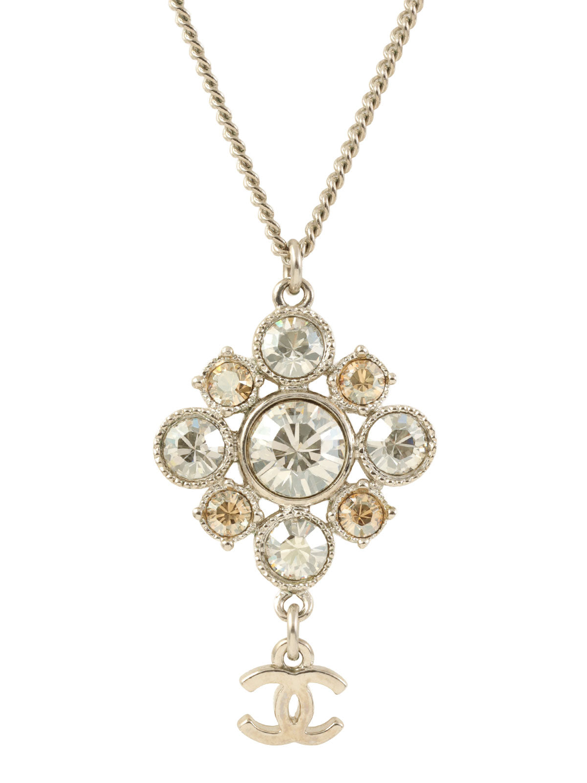 2012年製 ラインストーンダイヤモチーフCCマークスウィングネックレス シルバー/シャンパン