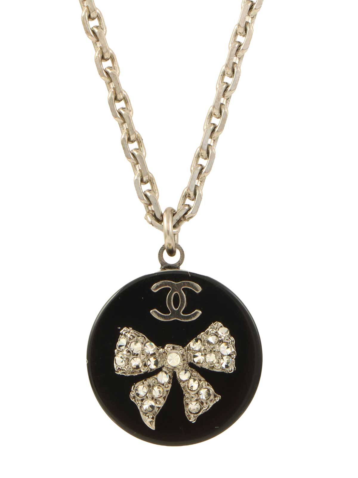 2010年製 ラインストーンリボンモチーフCCマークラウンドネックレス シルバー/ブラック
