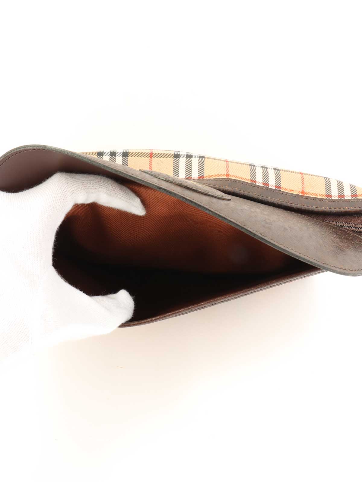 ノバチェックロゴクラッチバッグ　ベージュ/ダークブラウン