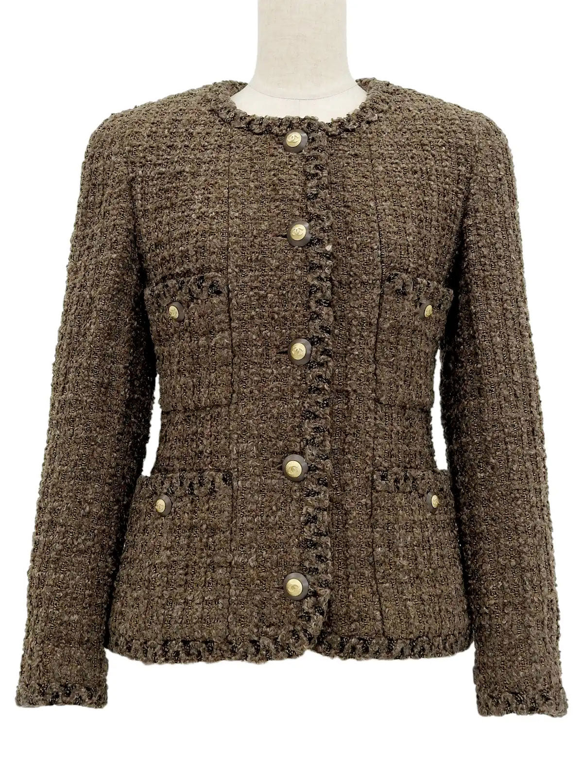 1993 Tweed CC Mark Button Collarless Jacket Brown