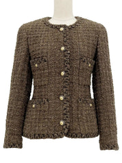 1993 Tweed CC Mark Button Collarless Jacket Brown