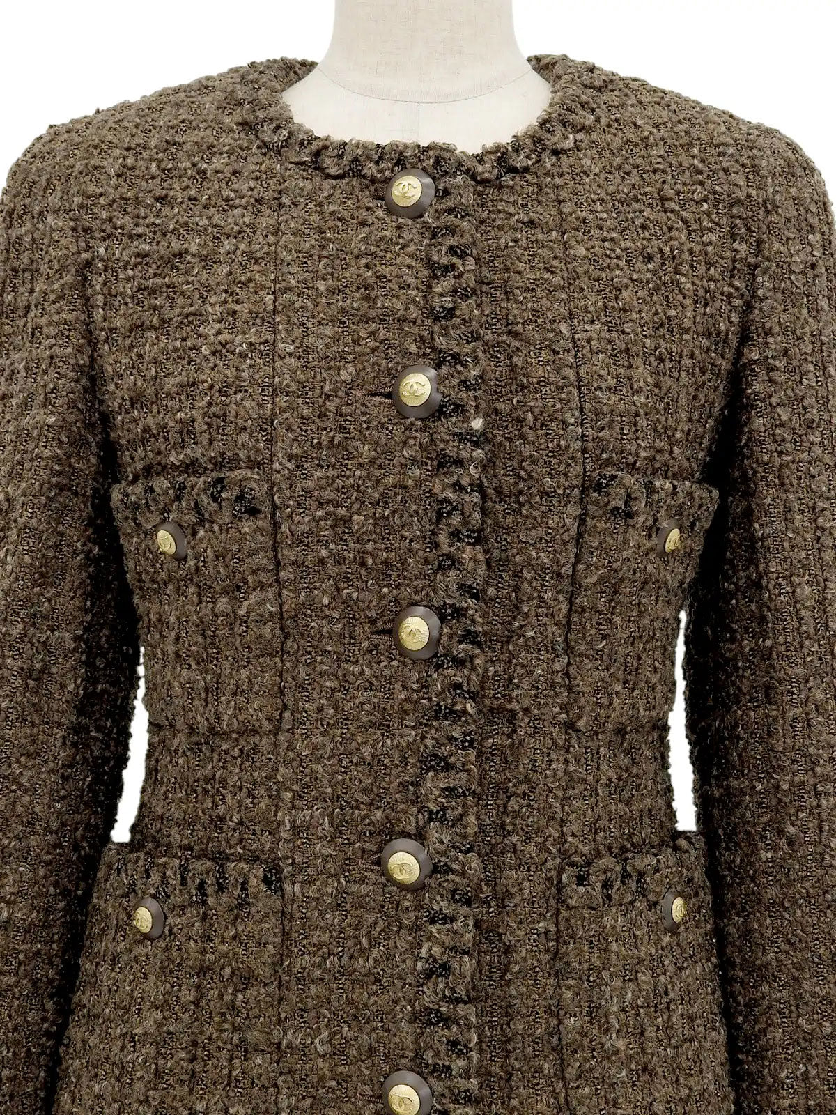 1993 Tweed CC Mark Button Collarless Jacket Brown