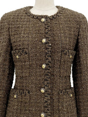 1993 Tweed CC Mark Button Collarless Jacket Brown