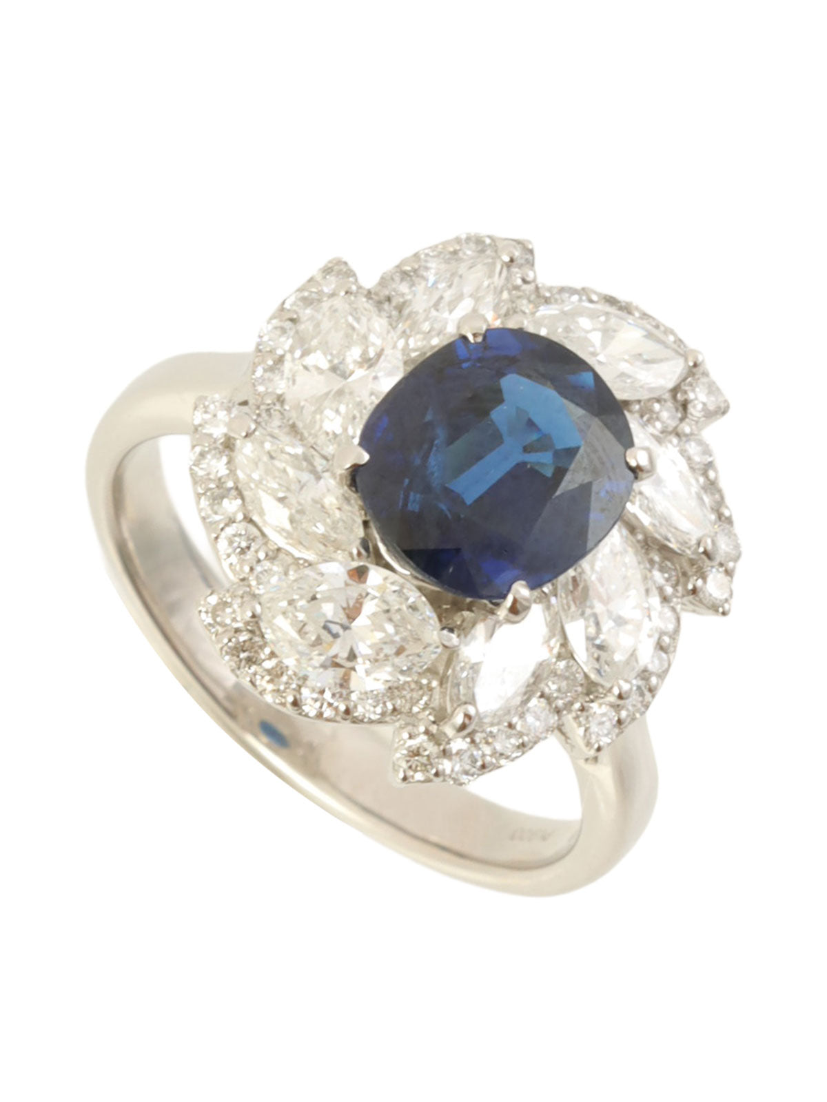 铂金蓝宝石钻石设计戒指，银色/蓝色