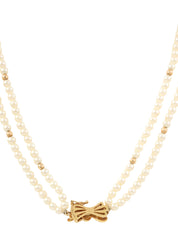 18K Diamond Pearl Ribbon Motif Necklace in White/Gold