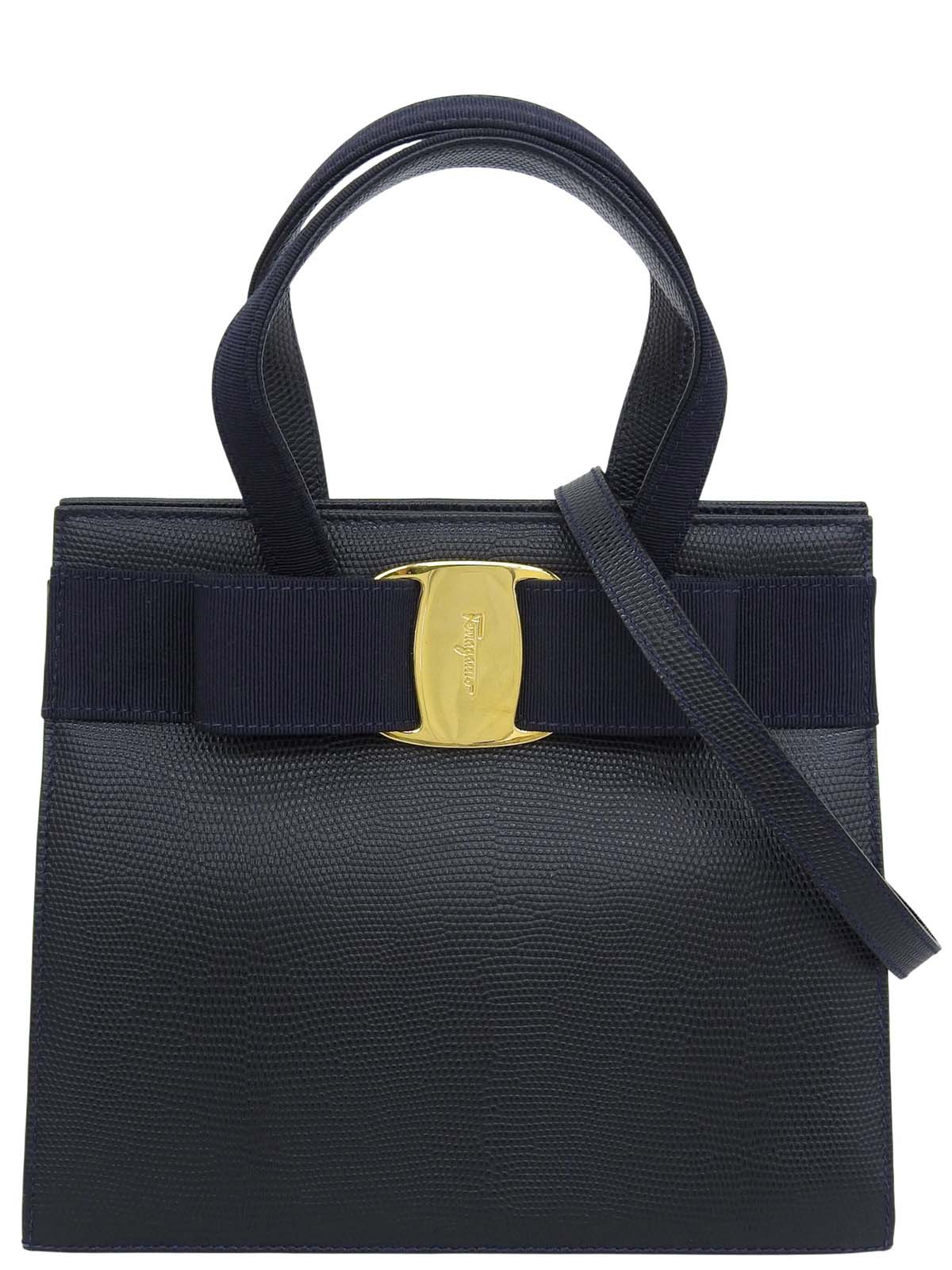 Lizard Embossed Vara Ribbon 2-Way Bag, Navy