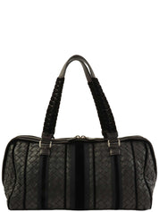 黑色天鹅绒和皮革组合编织手提包