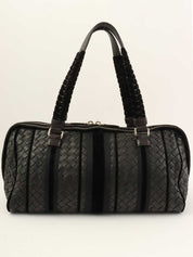 黑色天鹅绒和皮革组合编织手提包