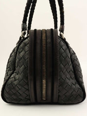 ベロアレザーコンビイントレチャートハンドバッグ ブラック