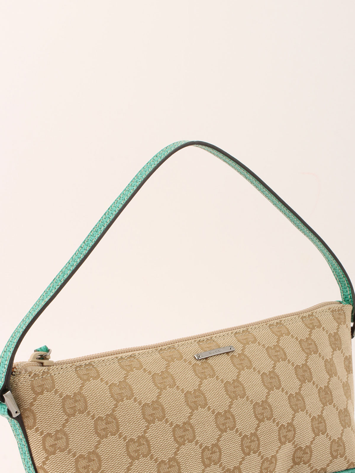 Canvas GG logo plate handbag in beige/turquoise