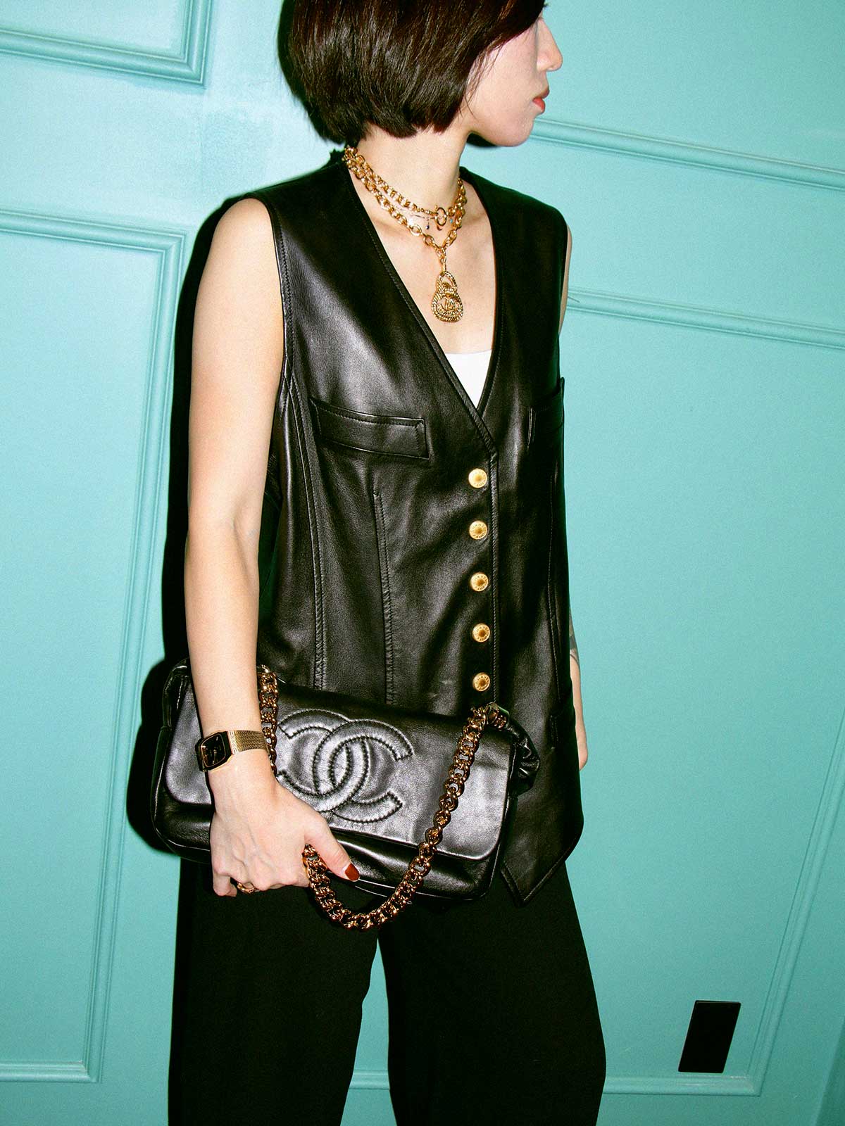 1993 Leather Logo Button Vest Black