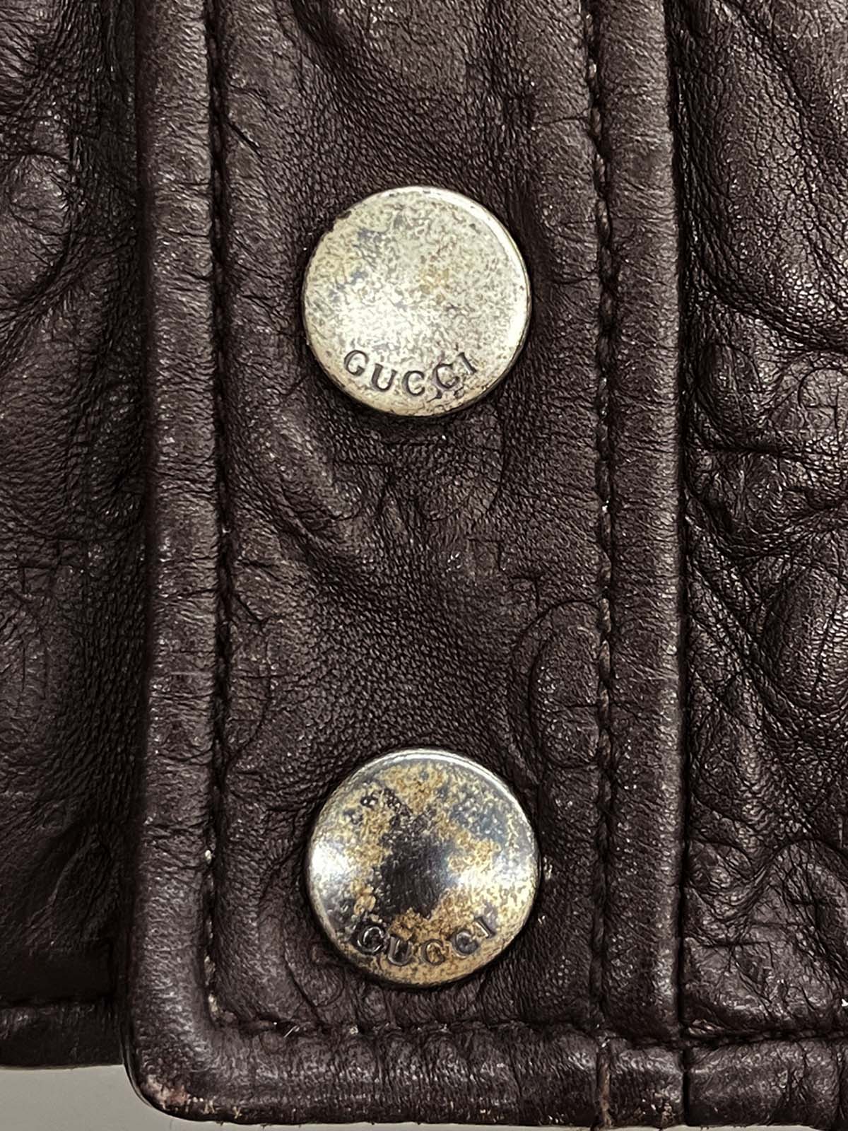 Brown real leather GG pattern single rider jacket